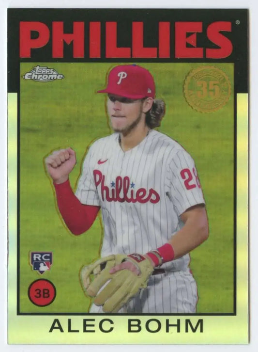 Alec Bohm Topps Baseball Refractor card in Phillies pinstripe uniform with red cap