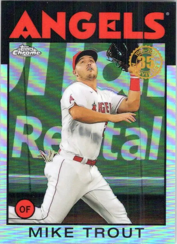 Baseball trading card of Mike Trout catching a ball for Los Angeles Angels Topps Chrome