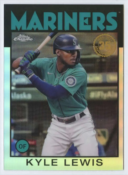 Baseball card of Kyle Lewis in teal jersey for Seattle Mariners at bat