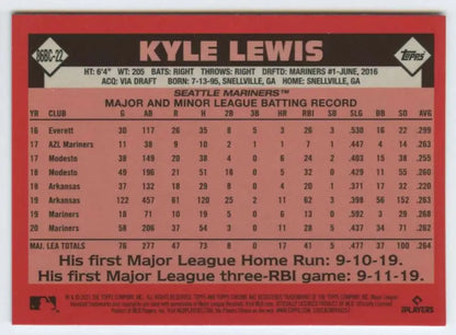 Baseball card featuring Kyle Lewis career stats for Seattle Mariners, 2021 Topps Chrome 1986