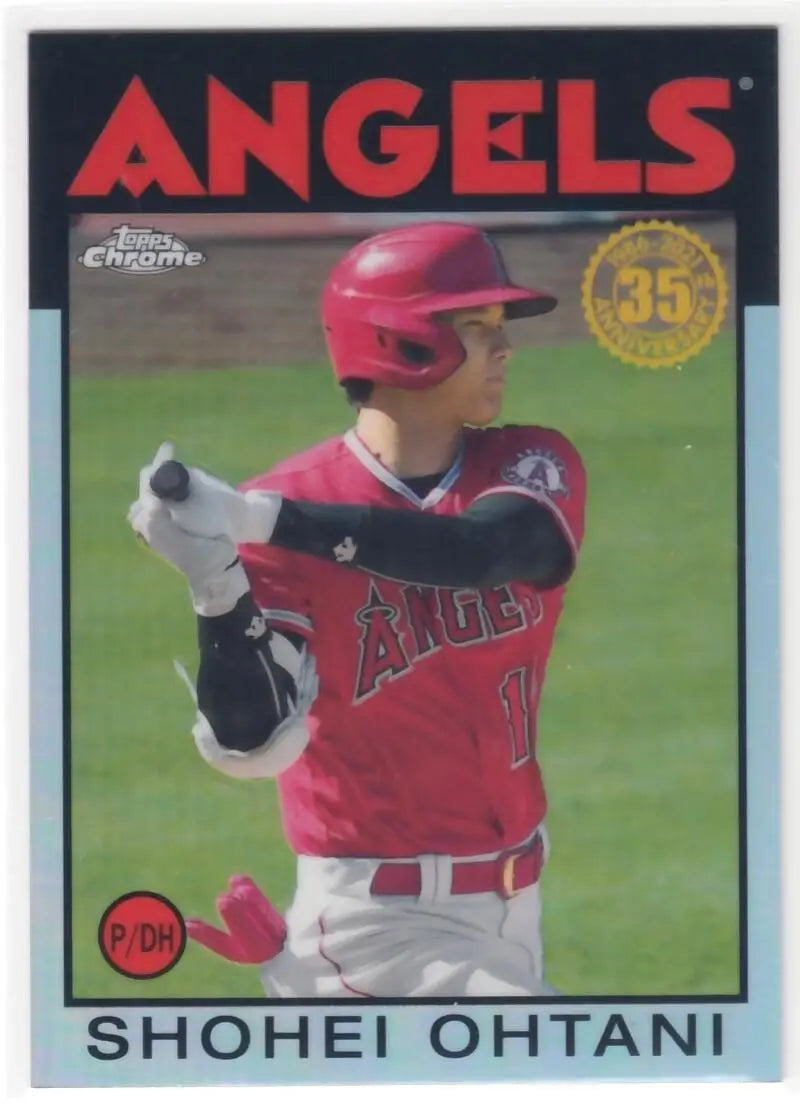 Shohei Ohtani 2021 Topps Chrome Baseball Refractor card in red Angels uniform at bat