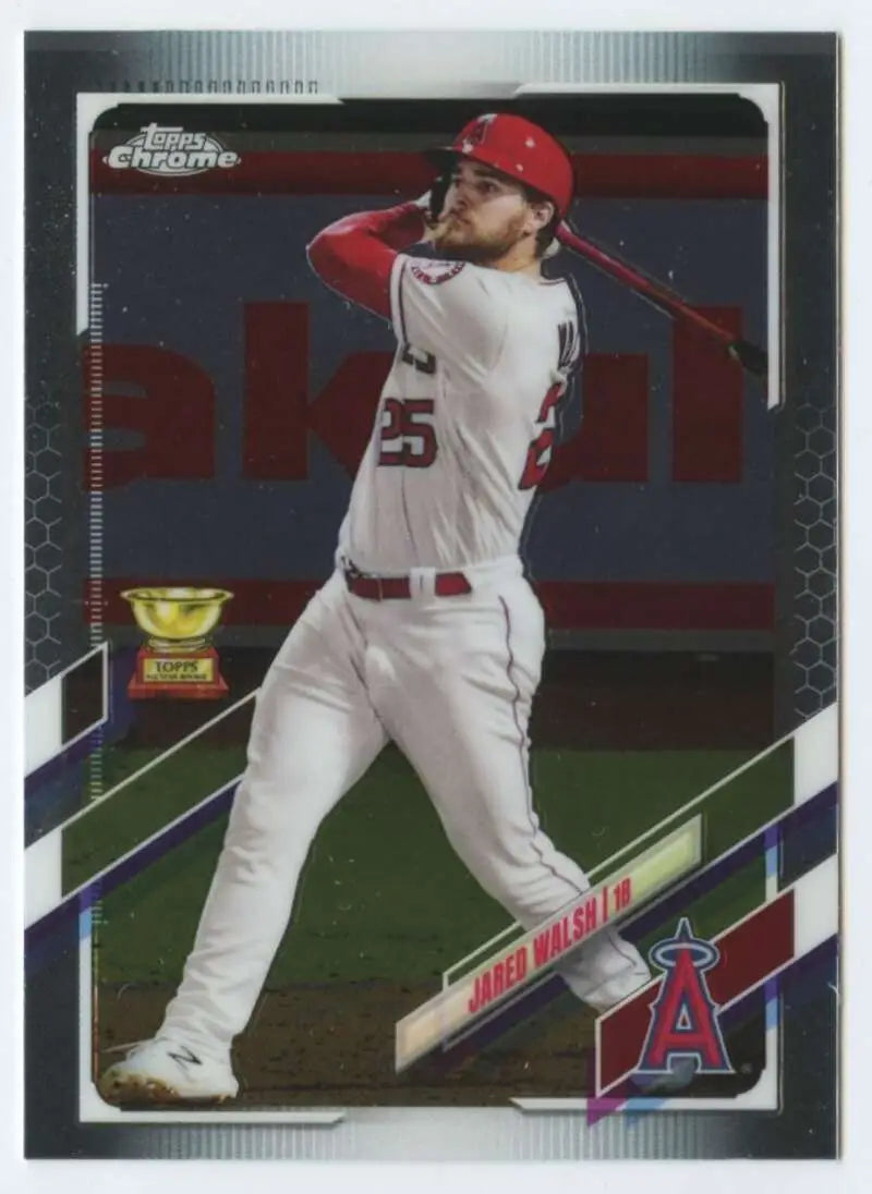 Baseball player Jared Walsh in Los Angeles Angels uniform swinging bat on Topps Chrome card