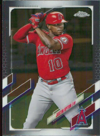 Chrome baseball card of Justin Upton in red uniform for Los Angeles Angels