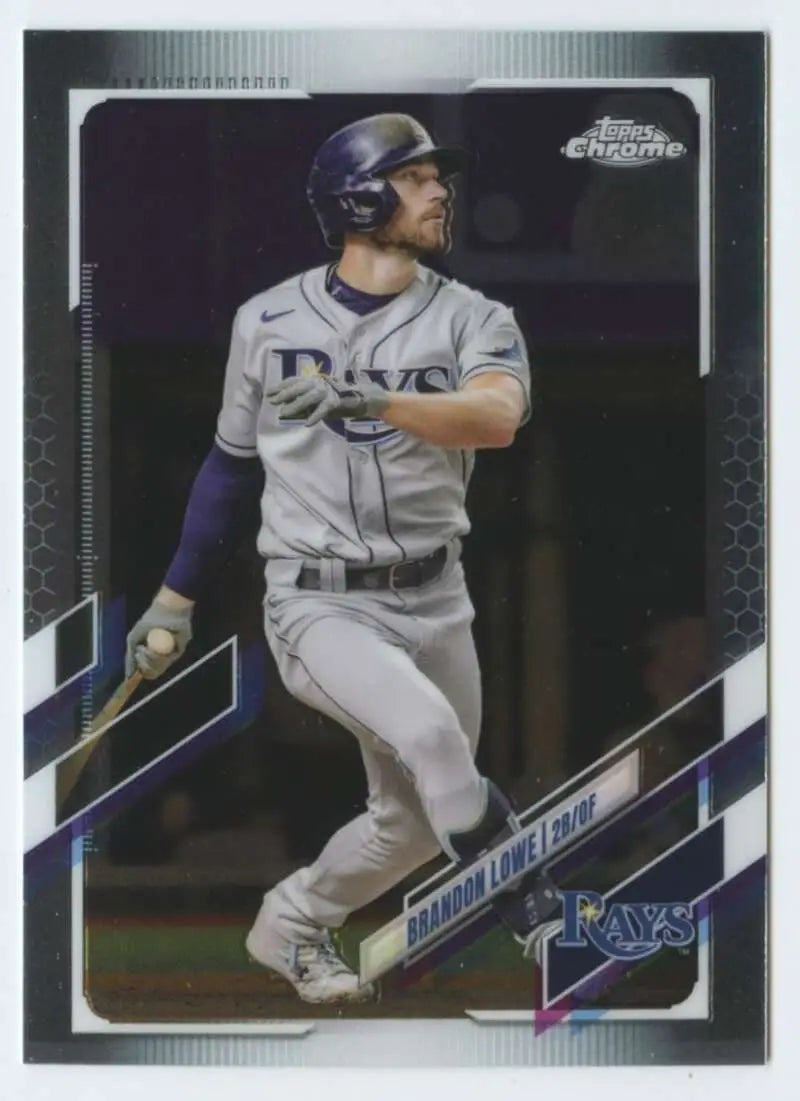 Baseball player in Tampa Bay Rays uniform swinging bat on 2021 Topps Chrome card