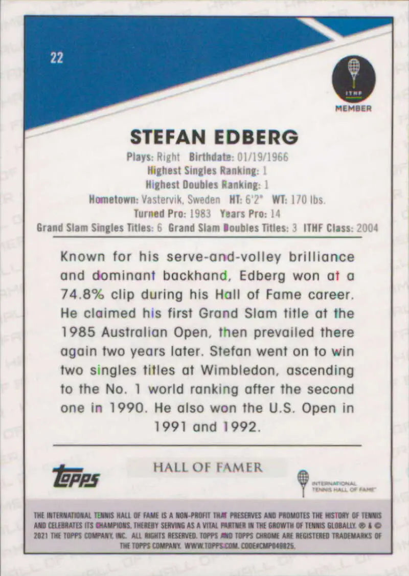 Stefan Edberg Topps Chrome tennis card showcasing career statistics and achievements