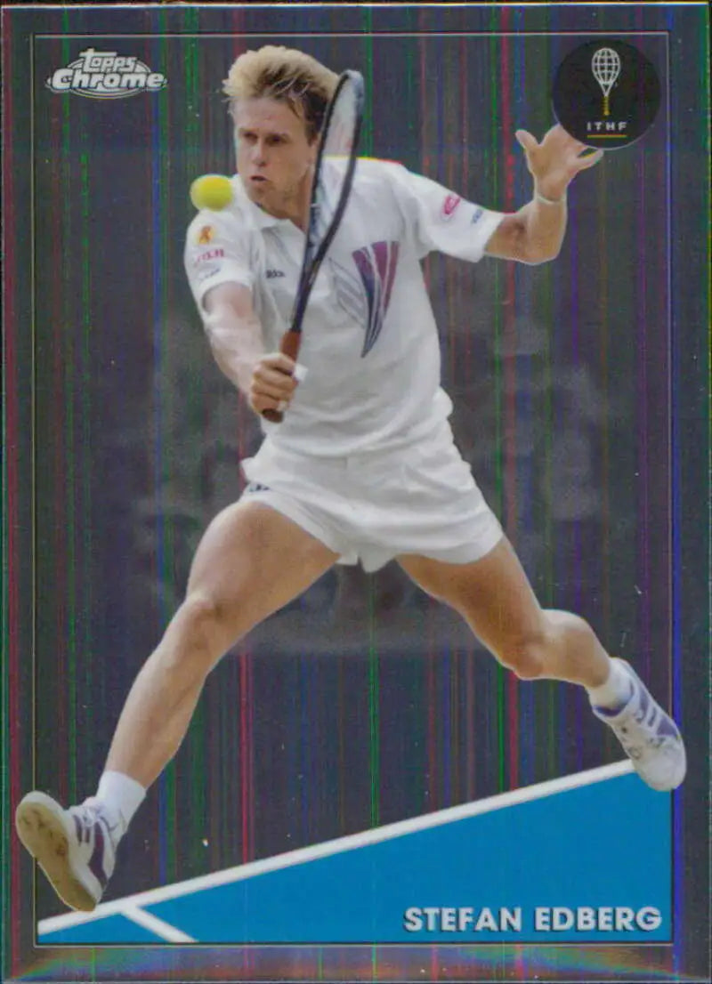 Stefan Edberg in action wearing white attire on 2021 Topps Chrome tennis card