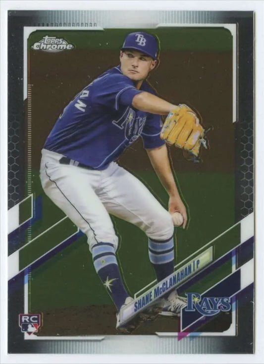 Tampa Bay Rays Shane McClanahan baseball card in navy uniform mid-delivery pitch