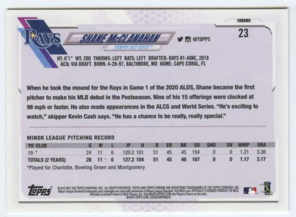 Baseball card featuring Shane McClanahan stats for Tampa Bay Rays Rookie 2021 Topps Chrome