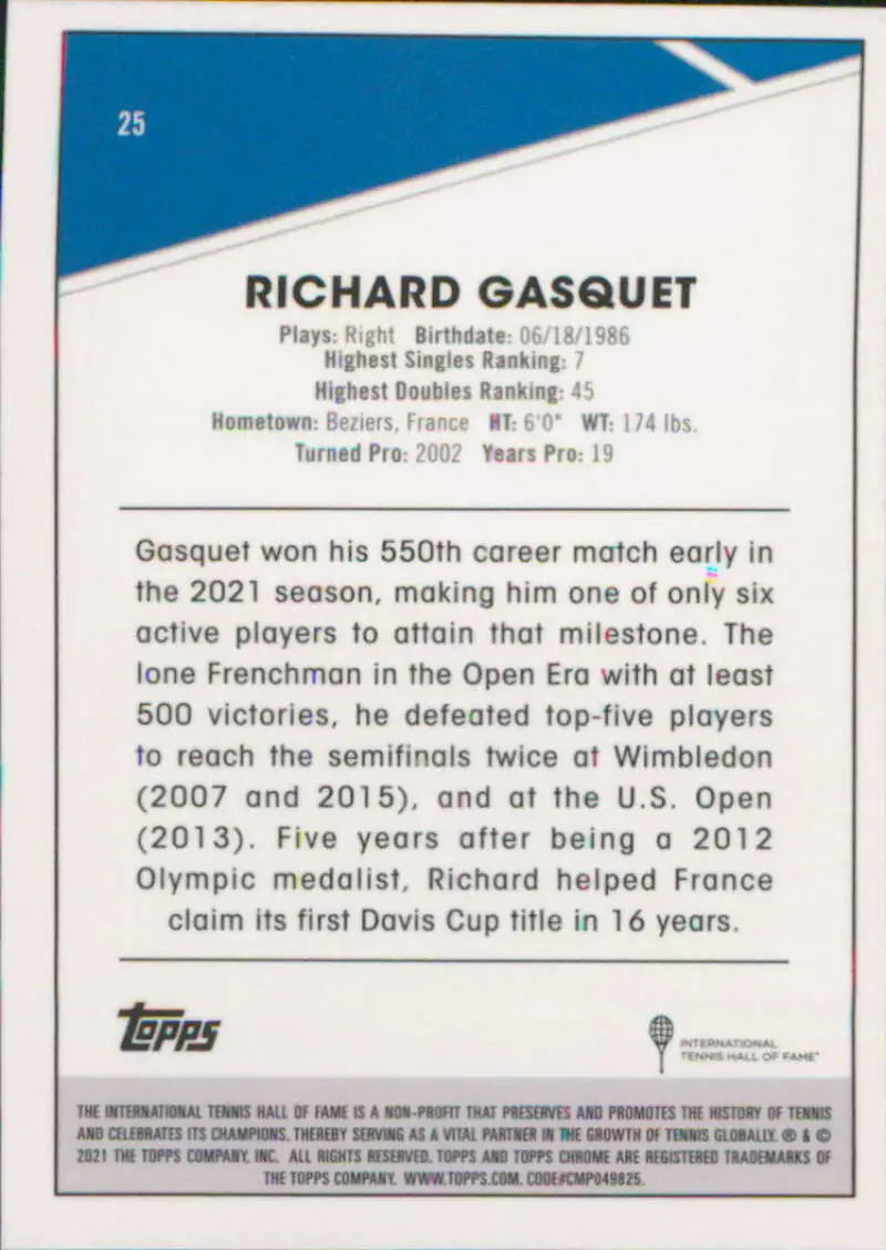 Richard Gasquet’s career stats and achievements on a Topps Chrome sports card