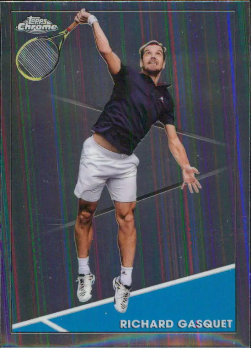 Tennis player Richard Gasquet serving in navy shirt and white shorts on Topps Chrome card