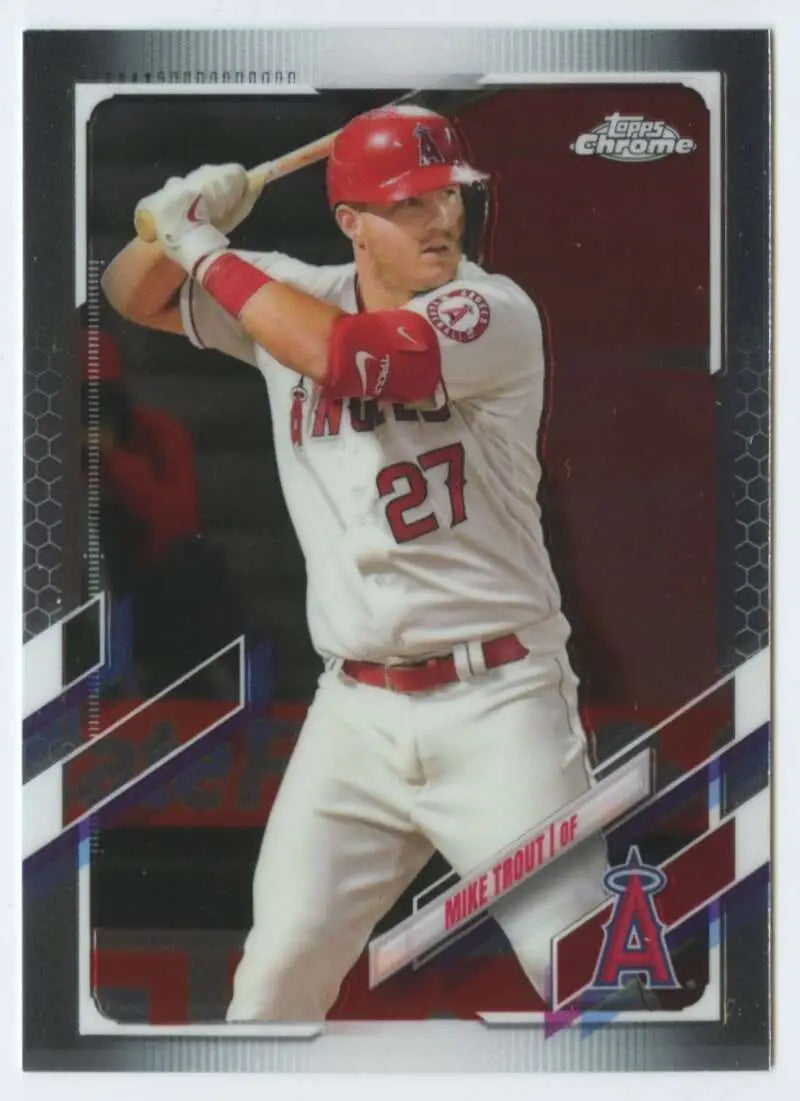 Mike Trout in white uniform with bat on 2021 Topps Chrome Los Angeles Angels card