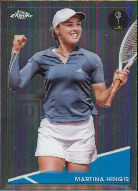 Martina Hingis celebrates victory with racquet raised in Topps Chrome tennis card