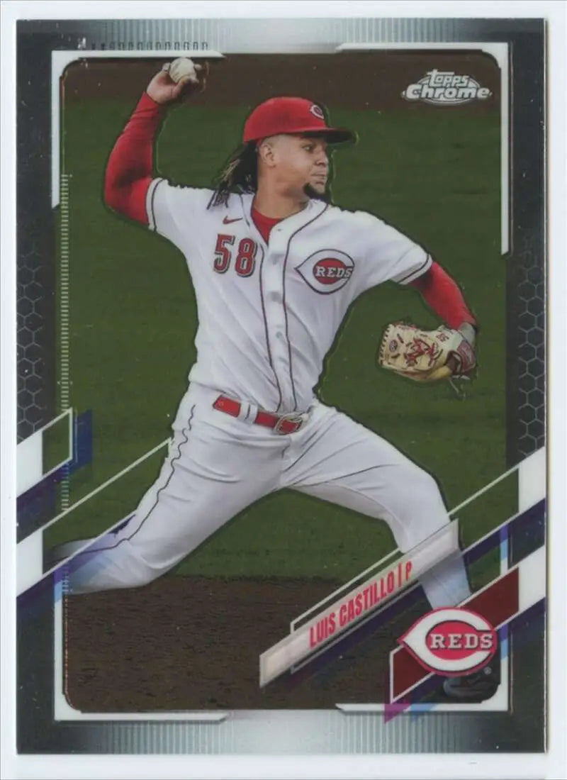 Cincinnati Reds player Luis Castillo pitching on 2021 Topps Chrome baseball card