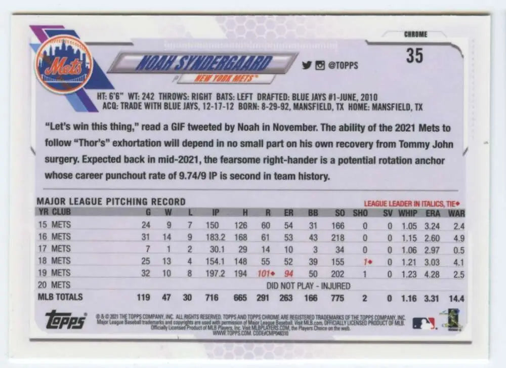 Noah Syndergaard New York Mets baseball card showcasing player statistics and info