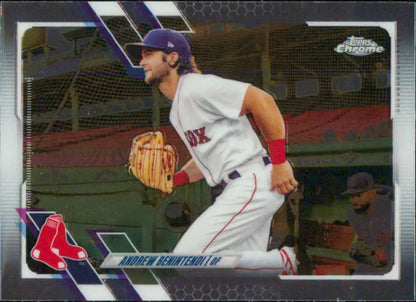 Boston Red Sox player Andrew Benintendi fielding in his home uniform for baseball card