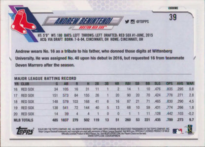 Back view of 2021 Topps Chrome Andrew Benintendi Baseball Card for Boston Red Sox