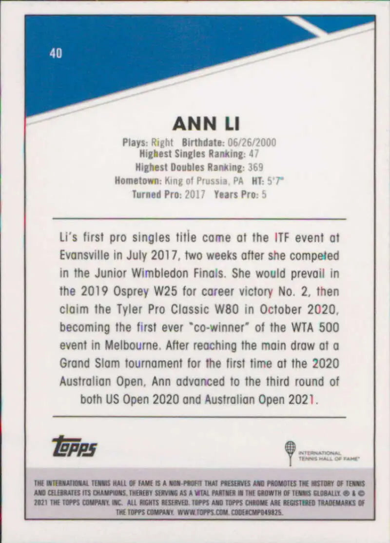 Ann Li NM-MT trading card featuring career statistics from Topps Chrome