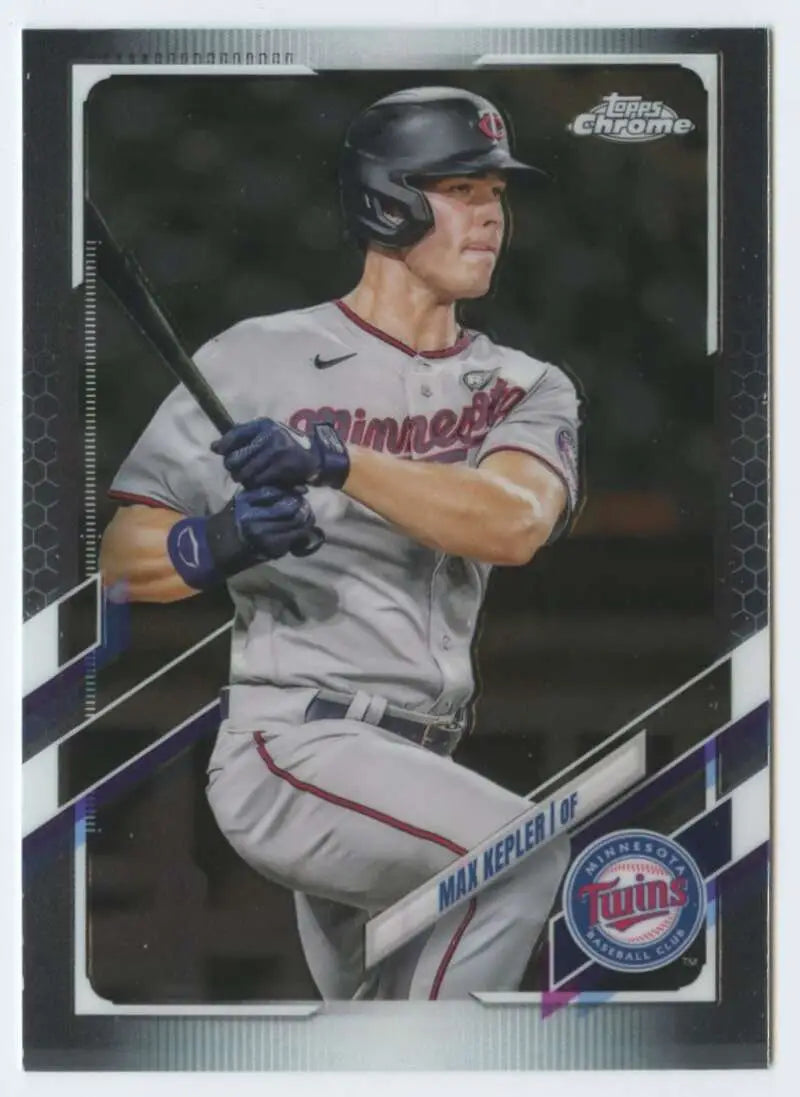 Max Kepler at bat in gray road uniform from 2021 Topps Chrome baseball card