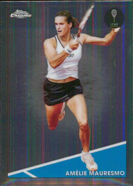 Tennis card featuring Amelie Mauresmo leaping in a white tank top on the court