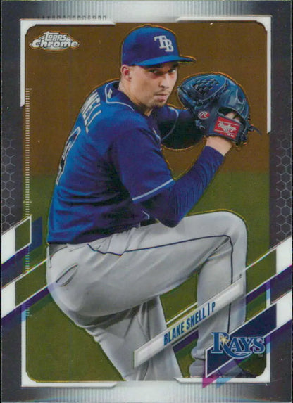 Blake Snell mid-pitch in Tampa Bay Rays uniform on Topps Chrome baseball card