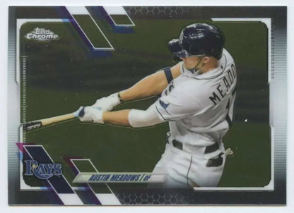 Austin Meadows mid-swing in a Tampa Bay Rays uniform from the 2021 Topps Chrome card