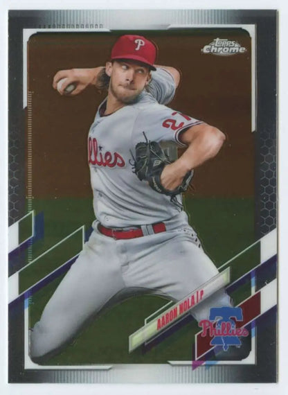 Aaron Nola mid-pitch delivery in Philadelphia Phillies uniform on Topps Chrome baseball card