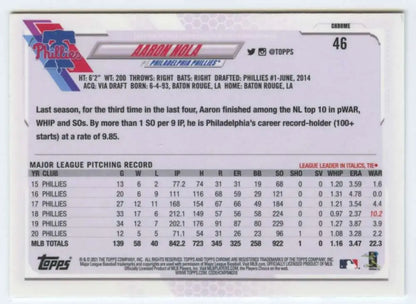 Baseball card featuring Aaron Nola statistics from 2021 Topps Chrome #46