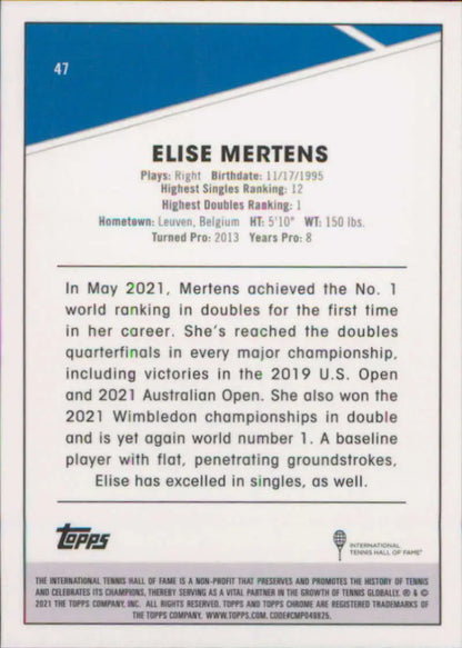 Topps Chrome Tennis Card featuring Elise Mertens and her career achievements