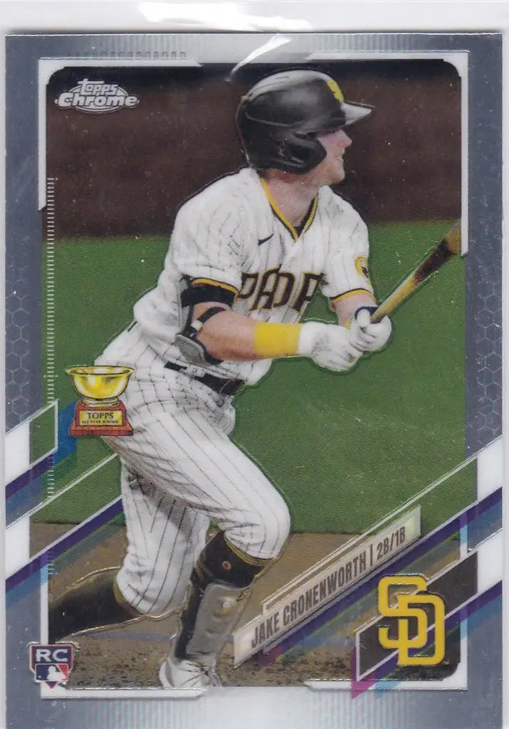 Baseball card of Jake Cronenworth RC San Diego Padres in batting stance Topps Chrome