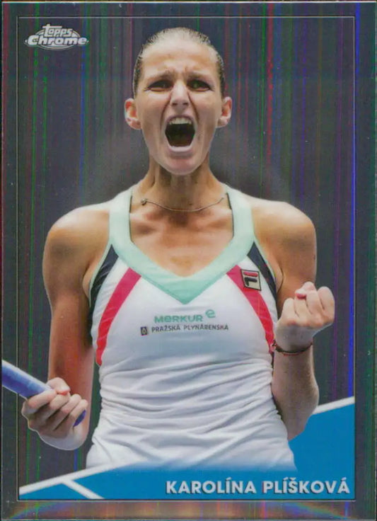 Karolina Pliskova celebrating victory with raised fist on Topps Chrome tennis card