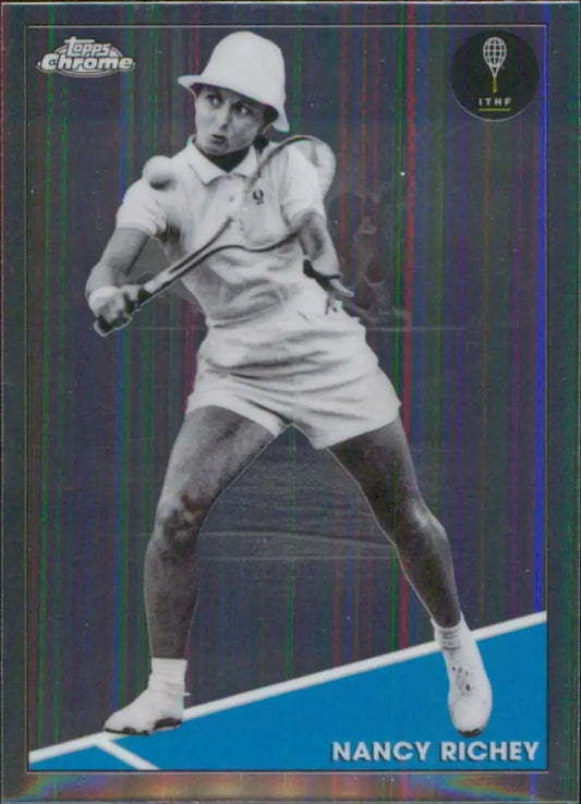 Black and white tennis card of Nancy Richey in Topps Chrome, preparing to return a shot