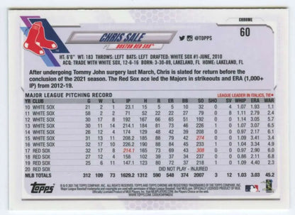 Baseball card featuring Chris Sale’s stats and Boston Red Sox logo from Topps Chrome