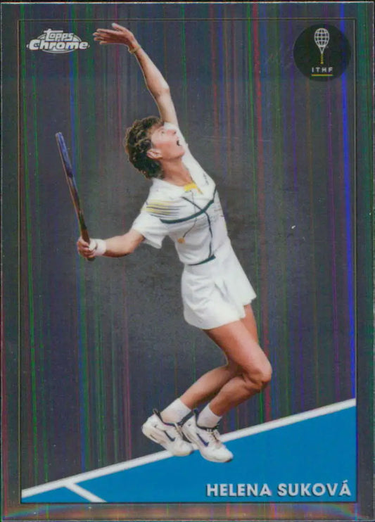 Tennis player in white serving, featured on 2021 Topps Chrome Helena Sukova tennis card