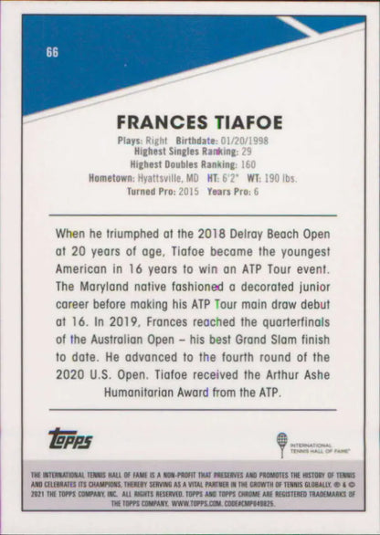 2021 Topps Chrome #66 Frances Tiafoe Tennis Card with career highlights and bio details