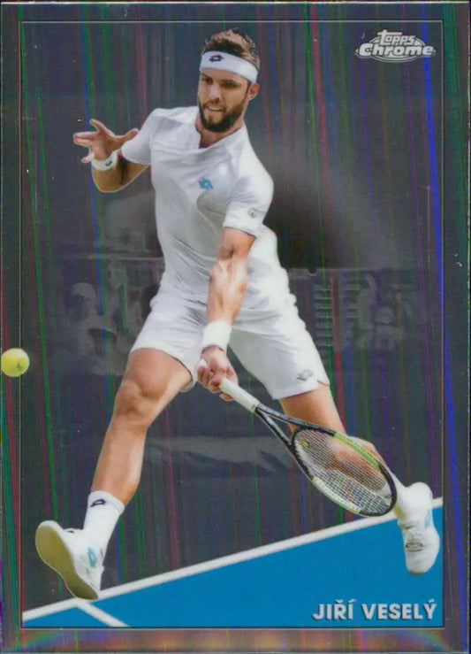 Jiri Vesely in white hitting a backhand shot on a court - Topps Chrome Tennis Card