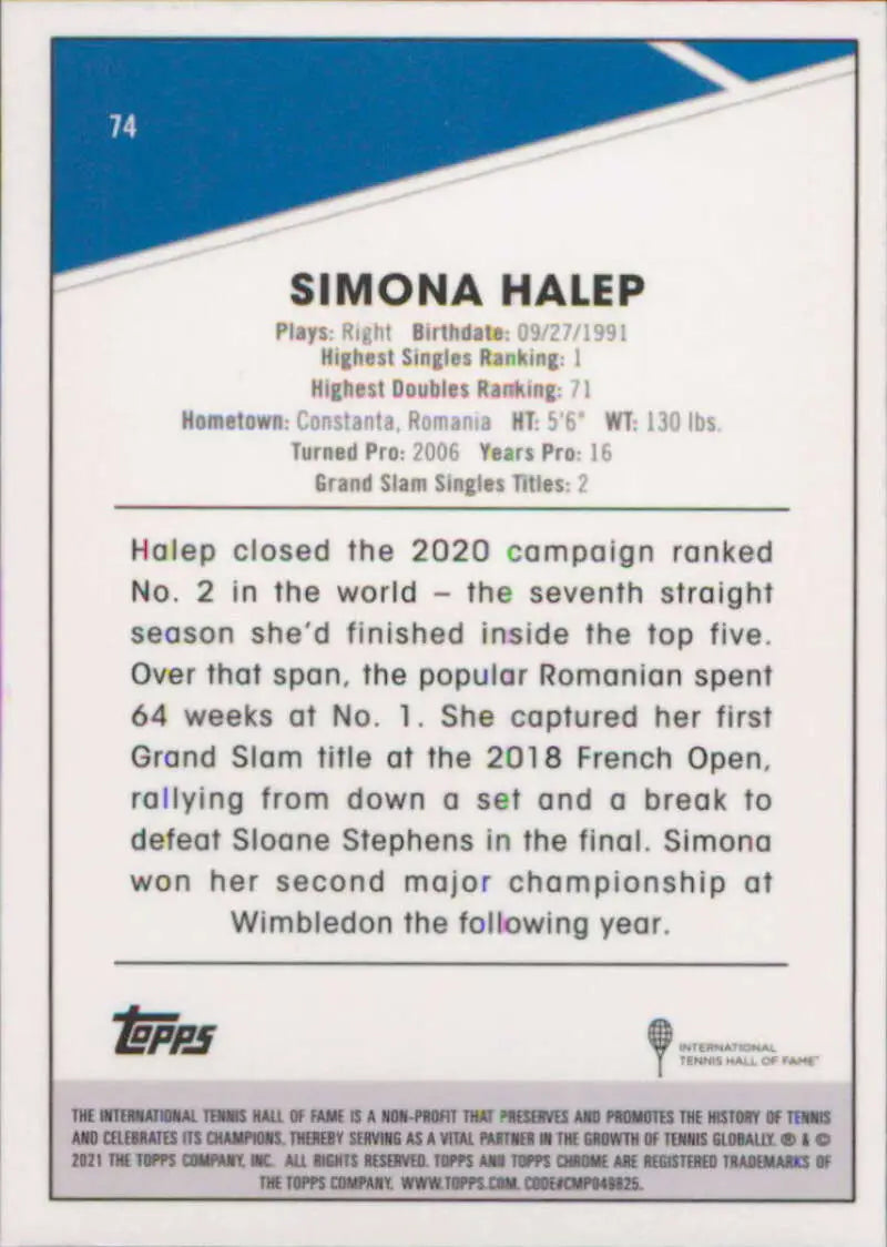 Simona Halep tennis card featuring biographical text and statistics from Topps Chrome