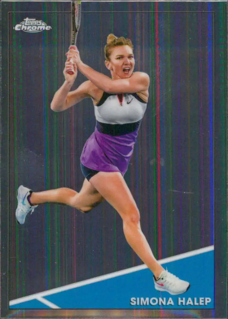 Simona Halep in a white tank top and purple skirt swinging on Topps Chrome Tennis Card