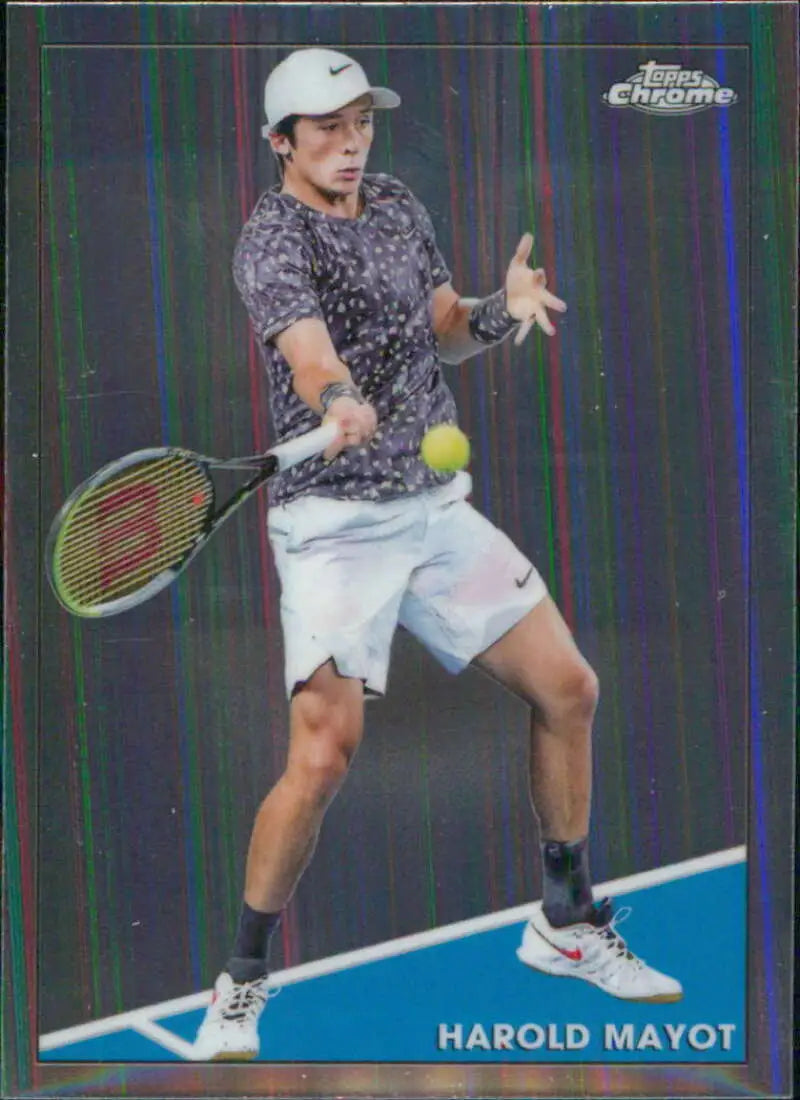 Harold Mayot in white shorts and patterned shirt hitting a forehand for Topps Chrome Tennis Card