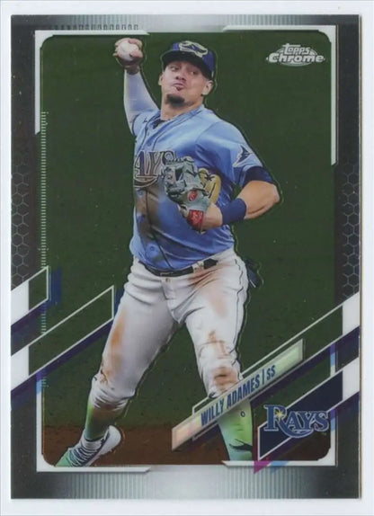 Willy Adames in a throwing motion on a Tampa Bay Rays baseball trading card