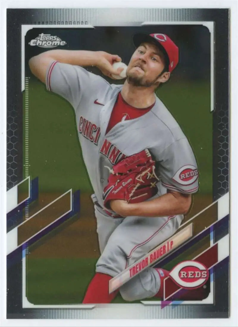 Cincinnati Reds Trevor Bauer in mid-throw on 2021 Topps Chrome baseball card