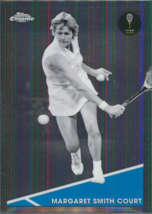 Tennis player in white hitting a backhand on Margaret Smith Court Topps Chrome card