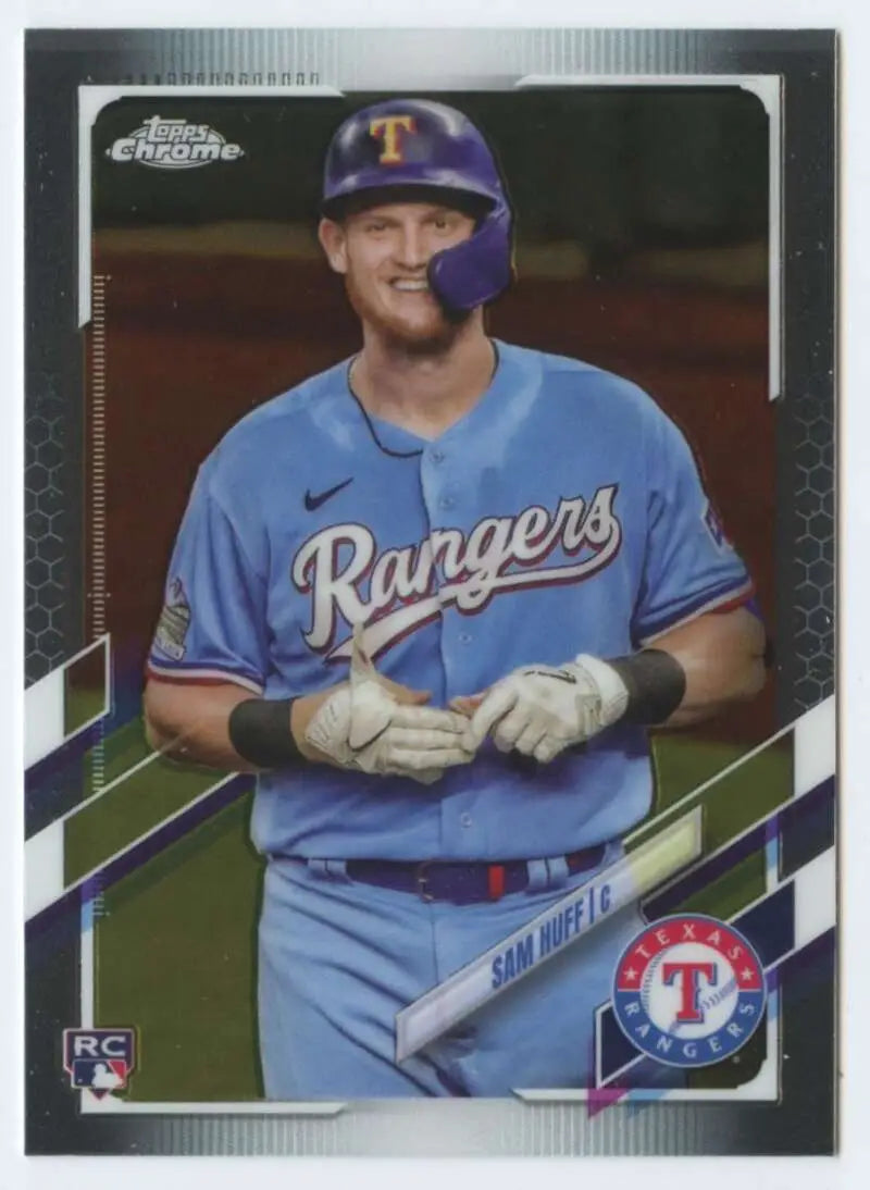 Baseball card of Sam Huff in light blue uniform for Texas Rangers Topps Chrome