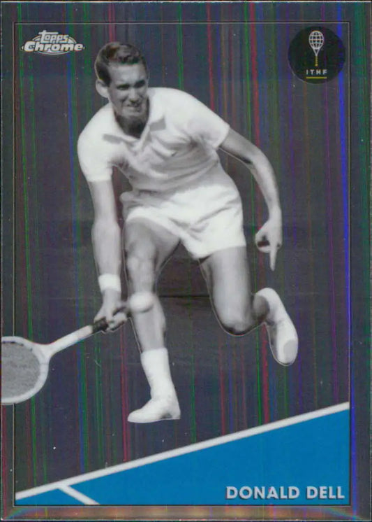 Tennis player in white attire stretching for a shot on 2021 Topps Chrome Donald Dell card