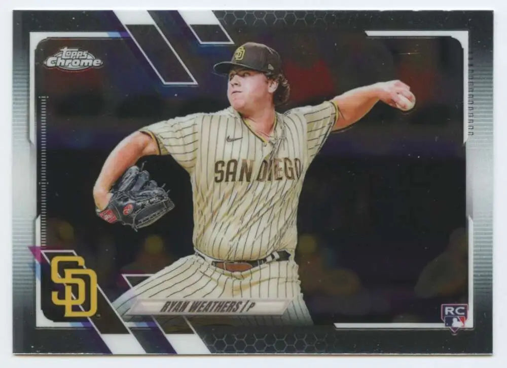 Ryan Weathers San Diego Padres pitcher baseball card in pinstripe uniform mid-delivery