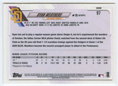 Baseball card displaying Ryan Weathers statistics for San Diego Padres Topps Chrome