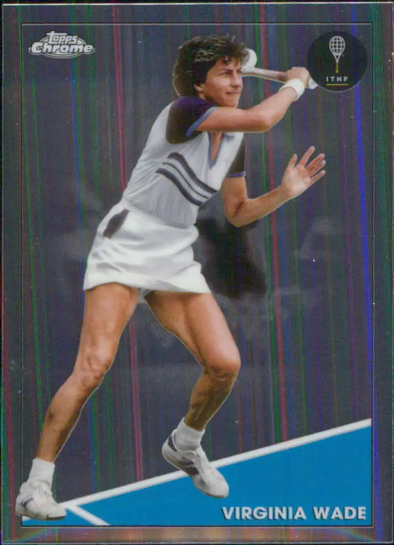 Tennis player in white prepares backhand shot on 2021 Topps Chrome Virginia Wade card