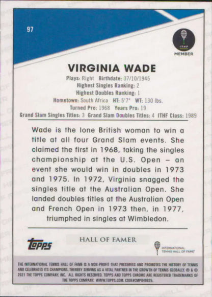 Virginia Wade 2021 Topps Chrome tennis card showcasing career achievements and statistics