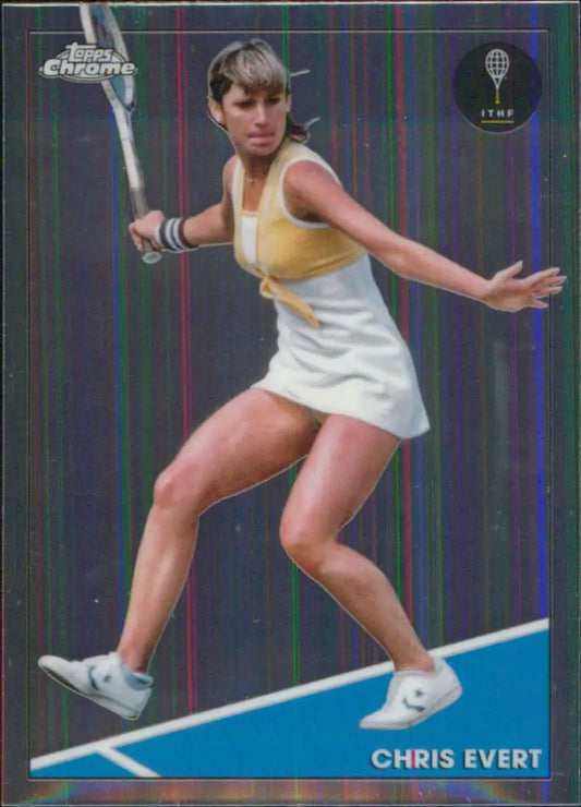 Chris Evert in white dress making backhand stroke on Topps Chrome Tennis Card