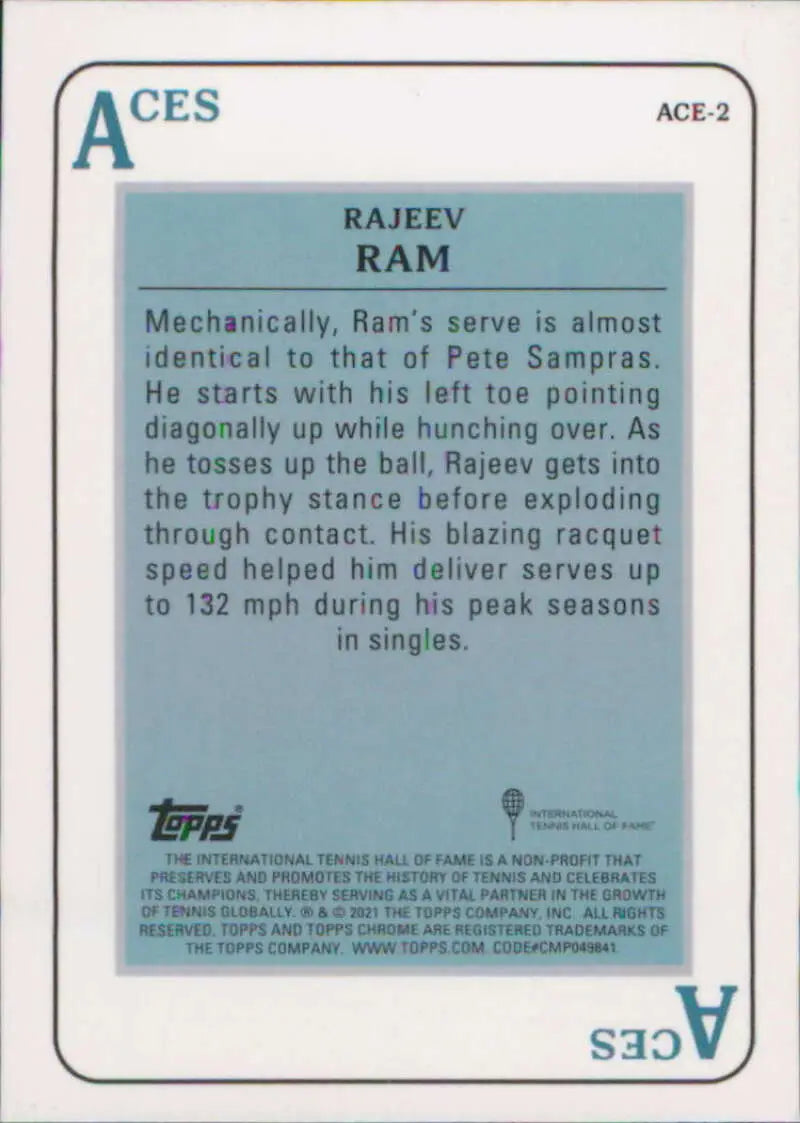 Tennis card showcasing Rajeev Ram’s serving technique from Topps Chrome Aces collection