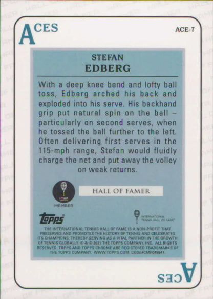 Tennis trading card of Stefan Edberg showcasing serving techniques from Topps Chrome Aces